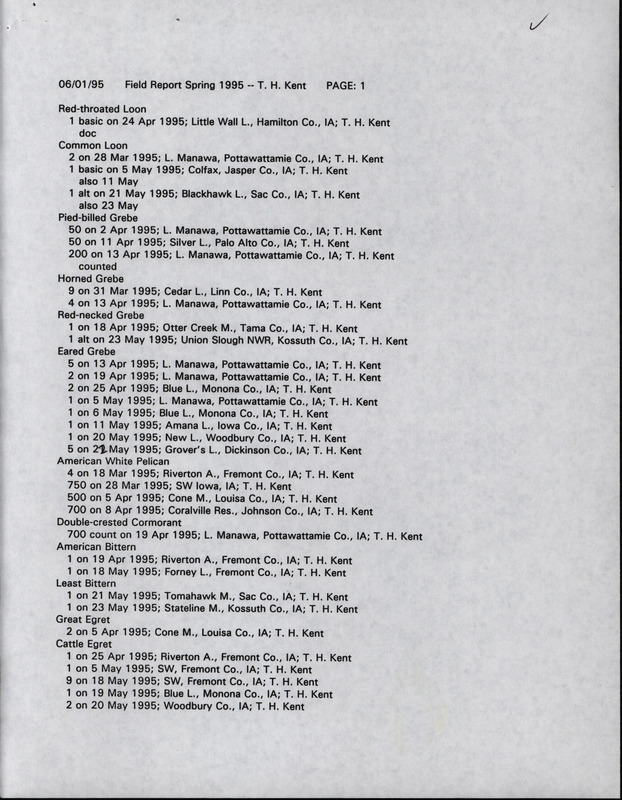 An annotated list of birds sighted by Thomas Kent dated June 1, 1995. This item was used as supporting documentation for the Iowa Ornithologists' Union Quarterly field report of spring 1995.