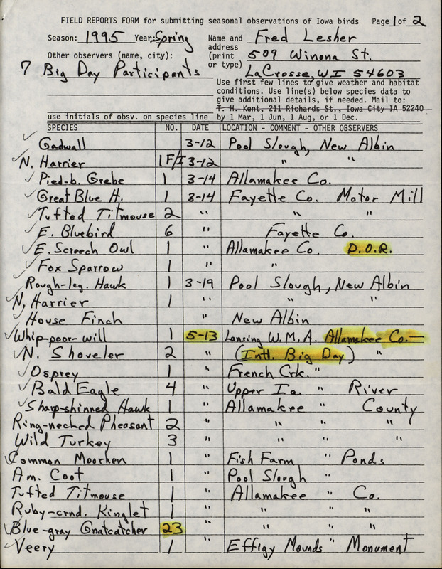 An annotated list of birds sighted by Fred Lesher and others. This item was used as supporting documentation for the Iowa Ornithologists' Union Quarterly field report of spring 1995.