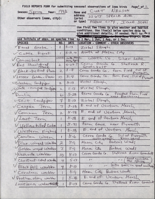 An annotated list of birds sighted by Curt Nelson. This item was used as supporting documentation for the Iowa Ornithologists' Union Quarterly field report of spring 1995.