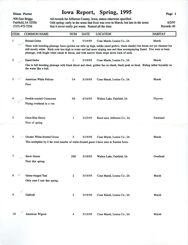 An annotated list of birds sighted by Diane Porter dated June 2, 1995. This item was used as supporting documentation for the Iowa Ornithologists' Union Quarterly field report of spring 1995.