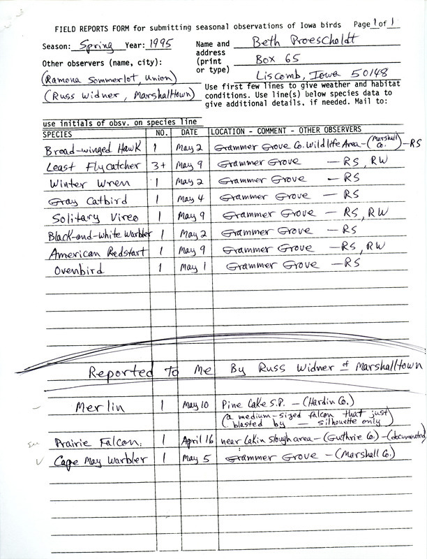 An annotated list of birds sighted by Beth Proescholdt and two others. This item was used as supporting documentation for the Iowa Ornithologists' Union Quarterly field report of spring 1995.