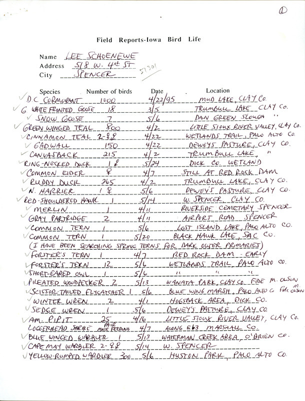 An annotated list of birds sighted by Lee Schoenewe. This item was used as supporting documentation for the Iowa Ornithologists' Union Quarterly field report of spring 1995.