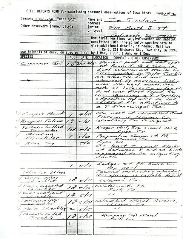 An annotated list of birds sighted by Jim Sinclair. This item was used as supporting documentation for the Iowa Ornithologists' Union Quarterly field report of spring 1995.