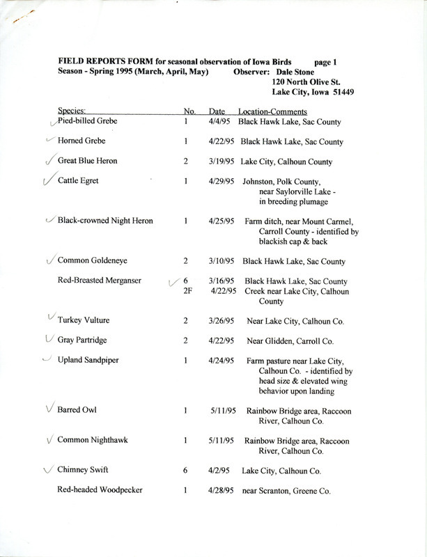 An annotated list of birds sighted by Dale Stone. This item was used as supporting documentation for the Iowa Ornithologists' Union Quarterly field report of spring 1995.