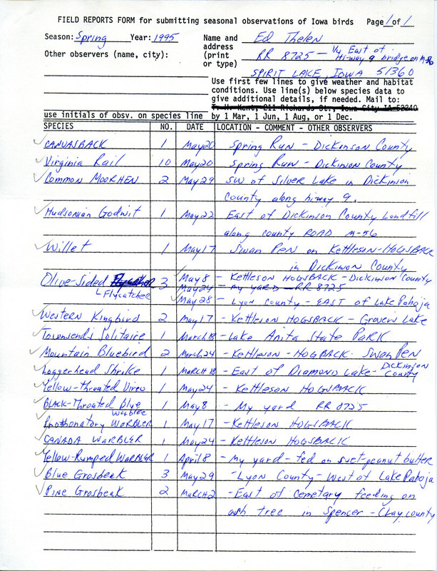 An annotated list of birds sighted by Ed Thelen. This item was used as supporting documentation for the Iowa Ornithologists' Union Quarterly field report of spring 1995.