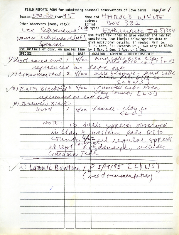 An annotated list of birds sighted by Harold White with Lee and Nancy Schoenewe. This item was used as supporting documentation for the Iowa Ornithologists' Union Quarterly field report of spring 1995.