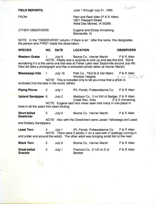 An annotated list of birds sighted by Pam and Reid Allen. This item was used as supporting documentation for the Iowa Ornithologists' Union Quarterly field report of summer 1995.