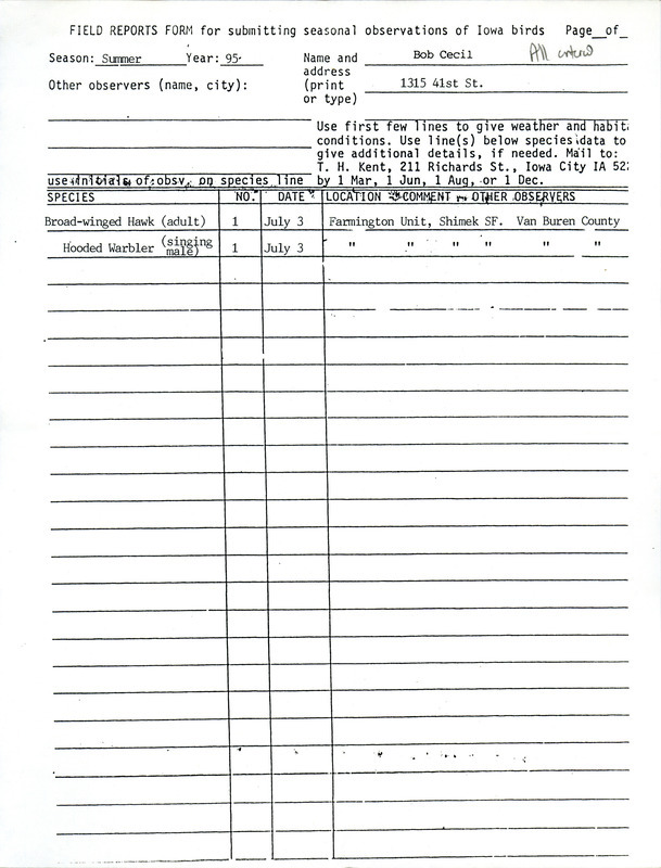 An annotated list of birds sighted by Bob Cecil. This item was used as supporting documentation for the Iowa Ornithologists' Union Quarterly field report of summer 1995.