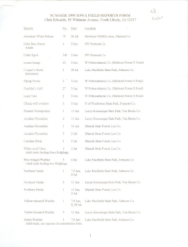 An annotated list of birds sighted by Chris Edwards. This item was used as supporting documentation for the Iowa Ornithologists' Union Quarterly field report of summer 1995.