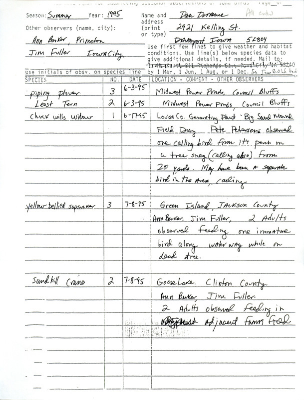 An annotated list of birds sighted by Dan Dorrance and two others. This item was used as supporting documentation for the Iowa Ornithologists' Union Quarterly field report of summer 1995.