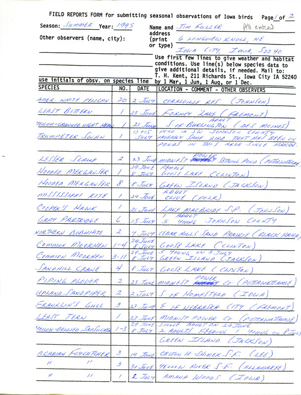 An annotated list of birds sighted by Jim Fuller and others. This item was used as supporting documentation for the Iowa Ornithologists' Union Quarterly field report of summer 1995.