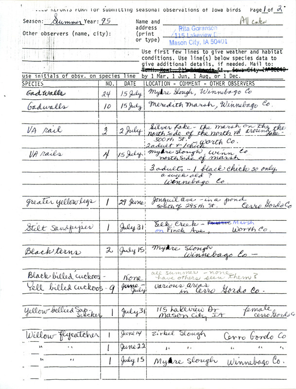 An annotated list of birds sighted by Rita Goranson. This item was used as supporting documentation for the Iowa Ornithologists' Union Quarterly field report of summer 1995.