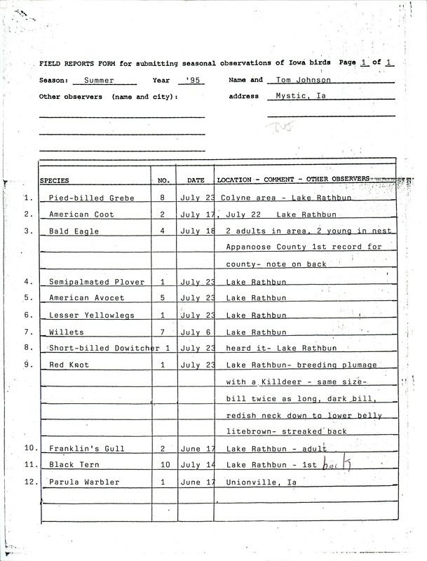 An annotated list of birds sighted by Tom Johnson. This item was used as supporting documentation for the Iowa Ornithologists' Union Quarterly field report of summer 1995.