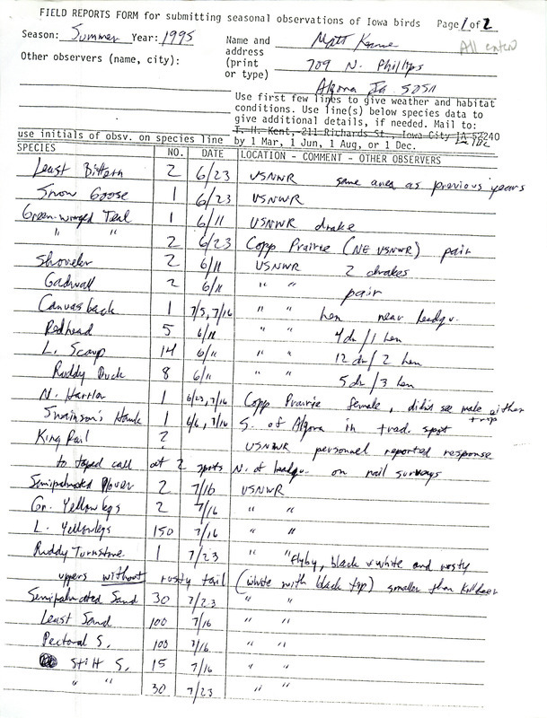 An annotated list of birds sighted by Matt Kenne. This item was used as supporting documentation for the Iowa Ornithologists' Union Quarterly field report of summer 1995.