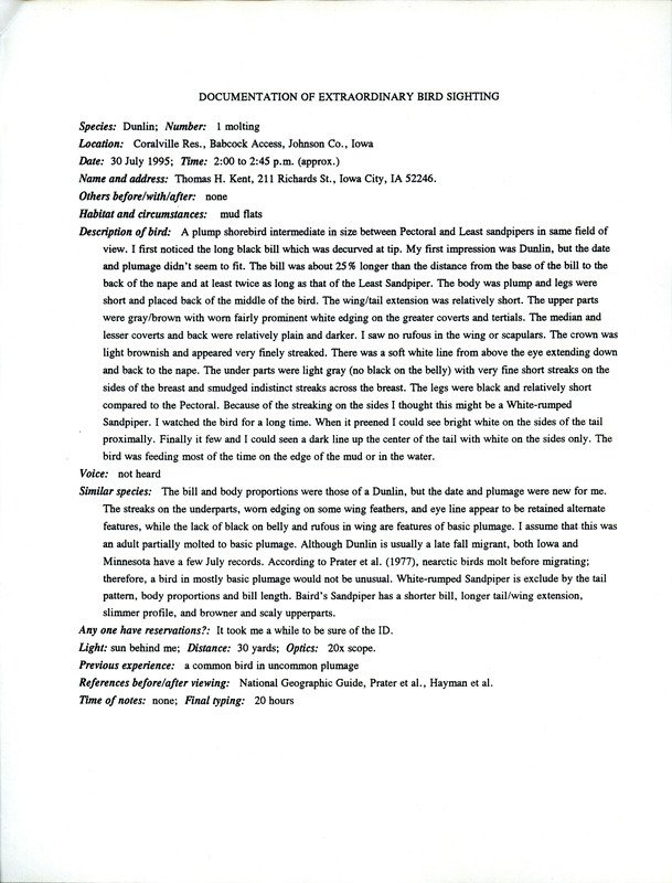 Documentation submitted by Thomas Kent of a Dunlin sighting on July 30, 1995 at Coralville Lake. This item was used as supporting documentation for the Iowa Ornithologists' Union Quarterly field report of summer 1995.