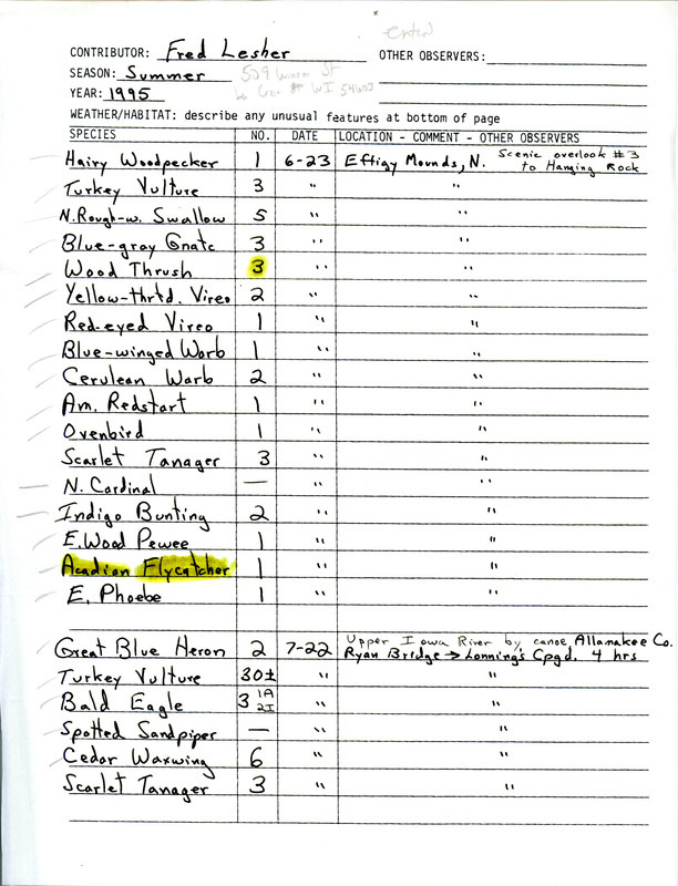 An annotated list of birds sighted by Fred Lesher. This item was used as supporting documentation for the Iowa Ornithologists' Union Quarterly field report of summer 1995.