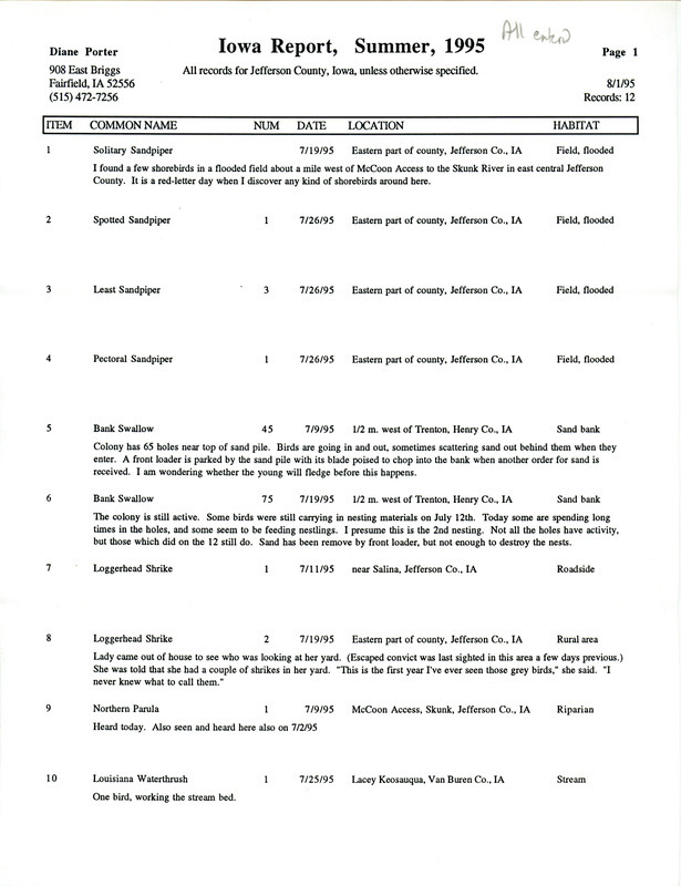 An annotated list of birds sighted by Diane Porter dated August 1, 1995. This item was used as supporting documentation for the Iowa Ornithologists' Union Quarterly field report of summer 1995.