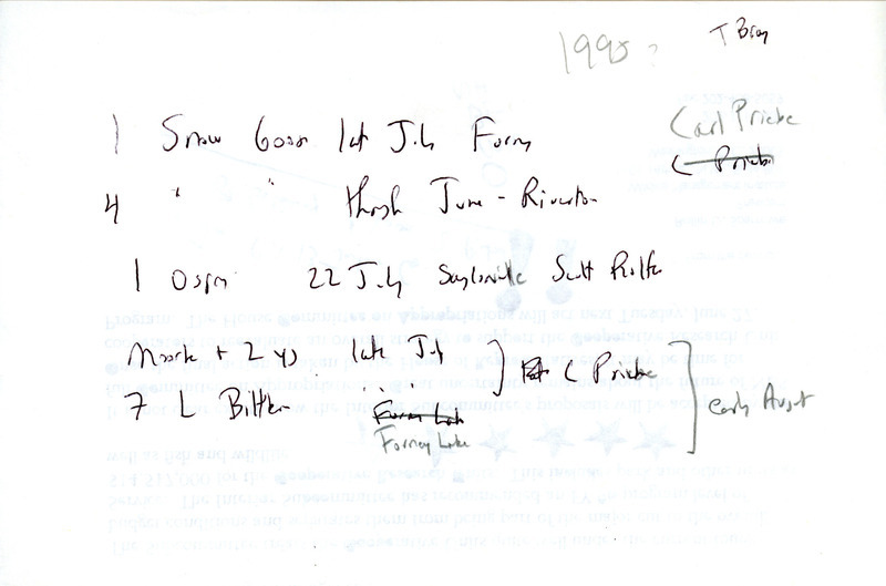 Note listing birds sighted in different places by different people. This item was used as supporting documentation for the Iowa Ornithologists' Union Quarterly field report of summer 1995.