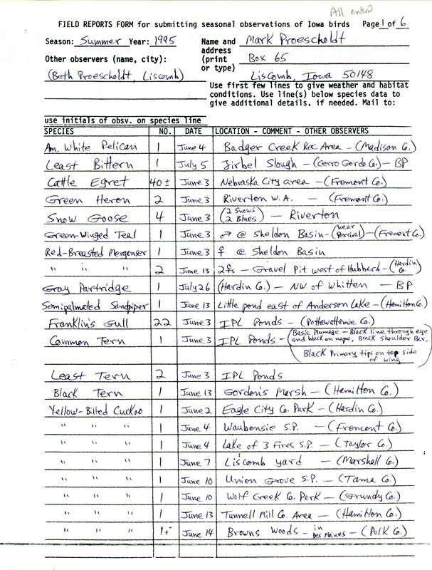 An annotated list of birds sighted by Mark Proescholdt and others. This item was used as supporting documentation for the Iowa Ornithologists' Union Quarterly field report of summer 1995.