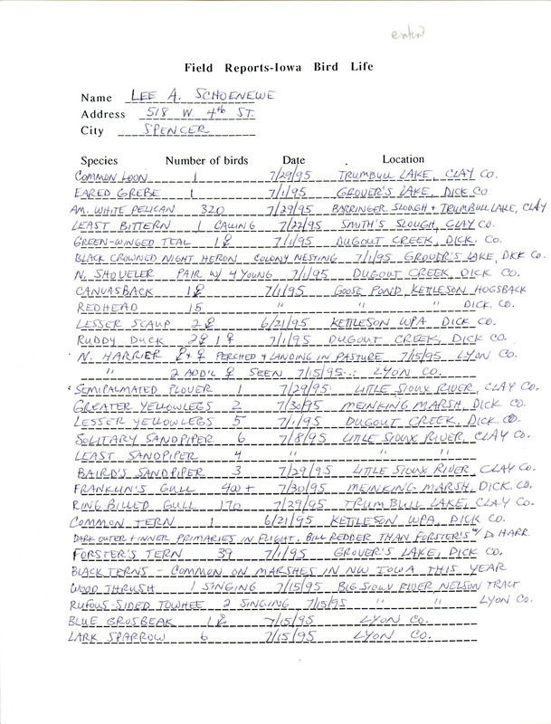 An annotated list of birds sighted by Lee Schoenewe. This item was used as supporting documentation for the Iowa Ornithologists' Union Quarterly field report of summer 1995.