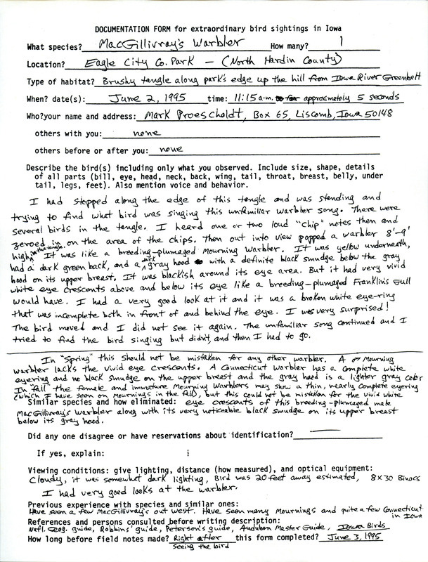 Documentation submitted by Mark Proescholdt for the sighting of a MacGillivray's Warbler at Eagle City County Park, Hardin County. This item was used as supporting documentation for the Iowa Ornithologists' Union Quarterly field report of summer 1995.