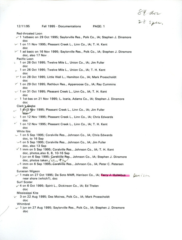 A list of documented bird sightings organized by species, December 11, 1995. The list also contains the number of birds seen, date of sighting, location, and observer of each species. This item was used as supporting documentation for the Iowa Ornithologists' Union Quarterly field report of fall 1995.