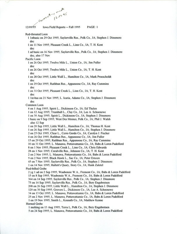 A list of documented bird sightings organized by species, December 9, 1995. The list also contains the number of birds seen, date of sighting, location, and observer of each species. This item was used as supporting documentation for the Iowa Ornithologists' Union Quarterly field report of fall 1995.