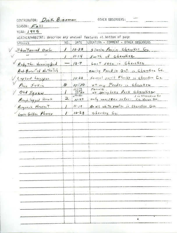 List of birds and locations contributed by Dick Bierman. This item was used as supporting documentation for the Iowa Ornithologists' Union Quarterly field report of fall 1995.