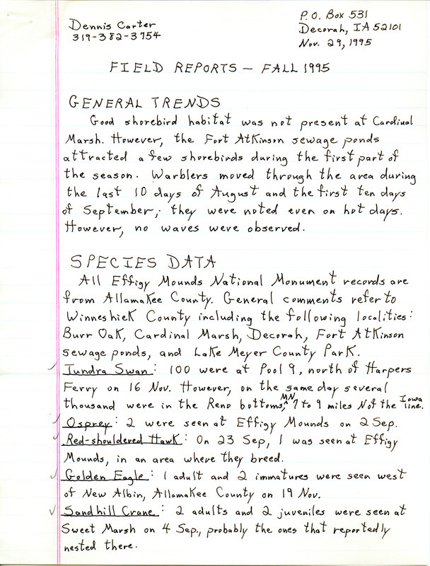 List of birds and locations contributed by Dennis L. Carter. This item was used as supporting documentation for the Iowa Ornithologists' Union Quarterly field report of fall 1995.