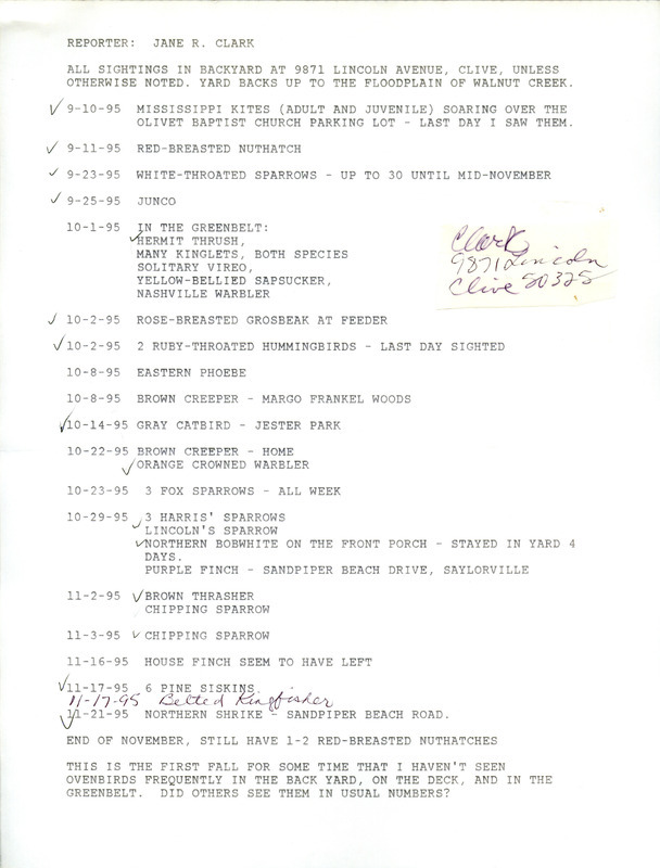 List of birds and locations contributed by Jane Clark. This item was used as supporting documentation for the Iowa Ornithologists' Union Quarterly field report of fall 1995.