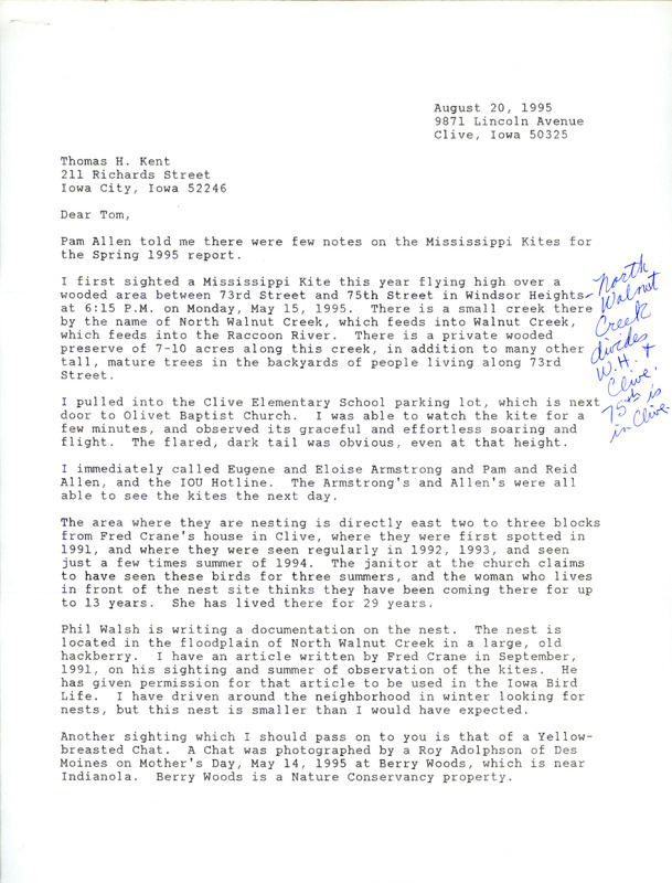 Field notes contributed by Jane Clark in a letter to Thomas H. Kent. The letter includes details on the sighting of a Mississippi Kite. This item was submitted past the deadline for the Iowa Ornithologists' Union Quarterly Report of spring 1995.