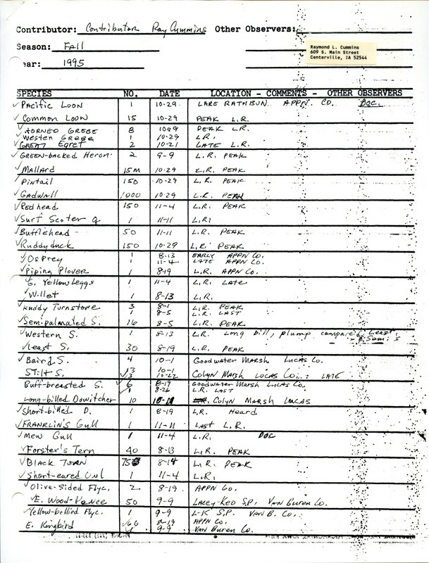 List of birds and locations contributed by Raymond L. Cummins. This item was used as supporting documentation for the Iowa Ornithologists' Union Quarterly field report of fall 1995.