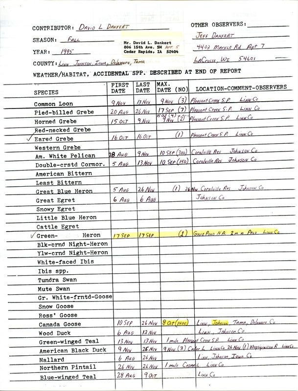 List of birds and locations contributed by David L. Dankert with observer Jeffrey B. Dankert. The field notes contain details on his observation of a Northern Shrike at Pleasant Creek State Park. This item was used as supporting documentation for the Iowa Ornithologists' Union Quarterly field report of fall 1995.