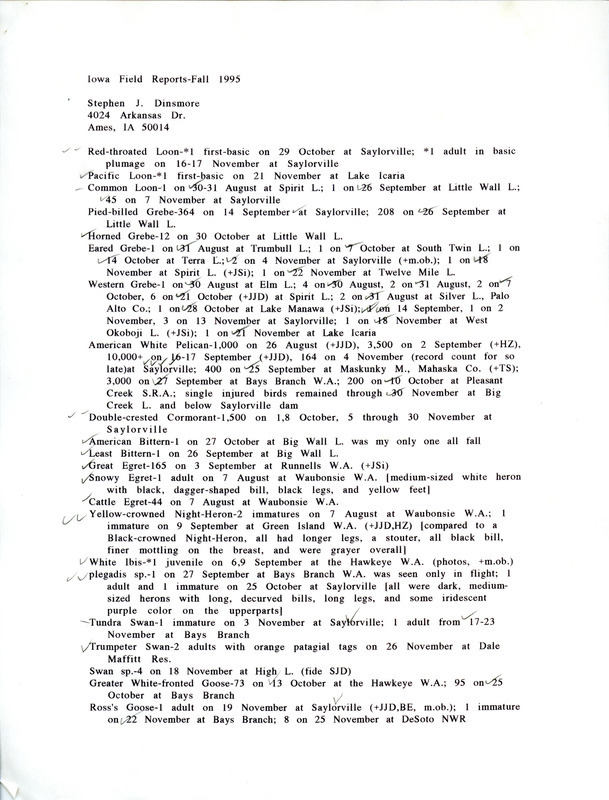 List of birds and locations contributed by Stephen J. Dinsmore with observers James J. Dinsmore, Jim Sinclair, Hank Zaletel and others. This item was used as supporting documentation for the Iowa Ornithologists' Union Quarterly field report of fall 1995.