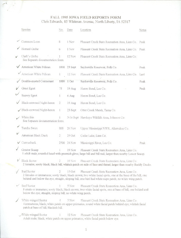 List of birds and locations contributed by Chris Edwards. This item was used as supporting documentation for the Iowa Ornithologists' Union Quarterly field report of fall 1995.