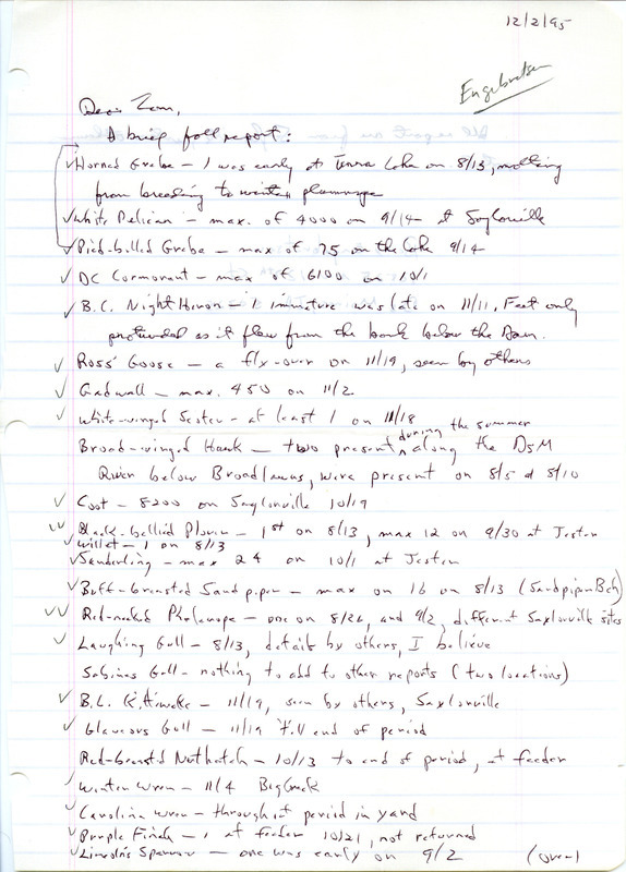 Field notes contributed by Bery Engebretsen in a letter to Thomas H. Kent. This item was used as supporting documentation for the Iowa Ornithologists' Union Quarterly field report of fall 1995.