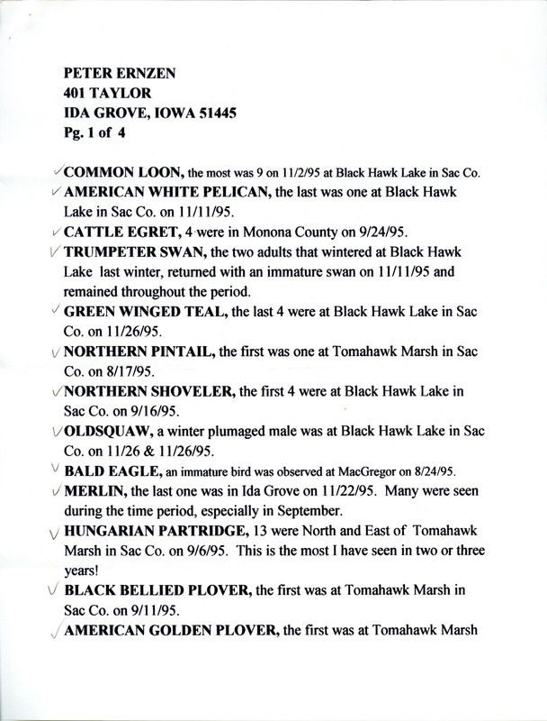 List of birds and locations contributed by Peter Ernzen.This item was used as supporting documentation for the Iowa Ornithologists' Union Quarterly field report of fall 1995.