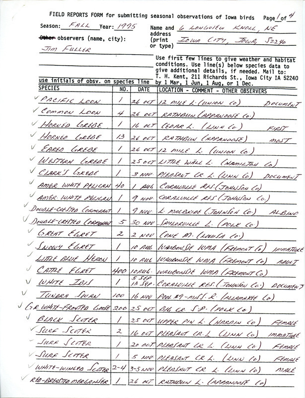 List of birds and locations contributed by James L. Fuller. This item was used as supporting documentation for the Iowa Ornithologists' Union Quarterly field report of fall 1995.