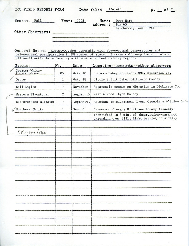 List of birds and locations contributed by Douglas C. Harr. Also includes details on a Tundra Swan observed by Craig Van Otterloo. This item was used as supporting documentation for the Iowa Ornithologists' Union Quarterly field report of fall 1995.