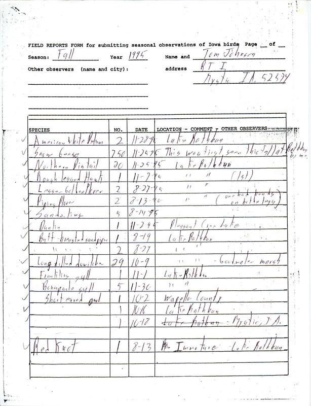 List of birds and locations contributed by Thomas N. Johnson. This item was used as supporting documentation for the Iowa Ornithologists' Union Quarterly field report of fall 1995.