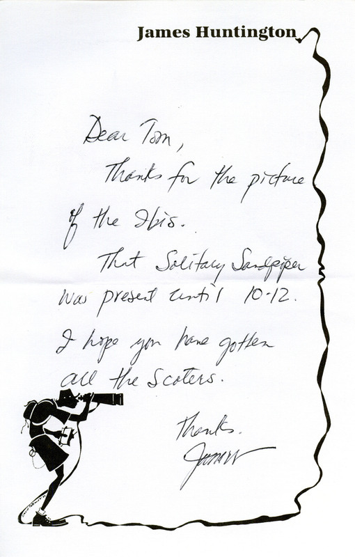 Field notes contributed by James Huntington in a letter to Thomas H. Kent. In the letter James Huntington thanks Thomas H. Kent for a picture of a White Ibis. He also mentions his observation of a Solitary Sandpiper. This item was used as supporting documentation for the Iowa Ornithologists' Union Quarterly field report of fall 1995.