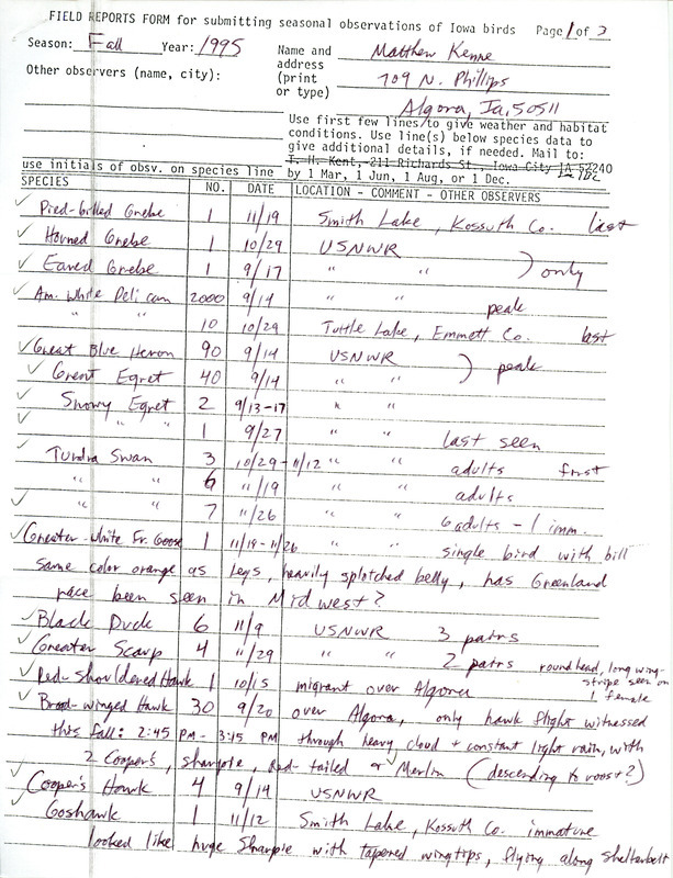 List of birds and locations contributed by Matthew Kenne. This item was used as supporting documentation for the Iowa Ornithologists' Union Quarterly field report of fall 1995.