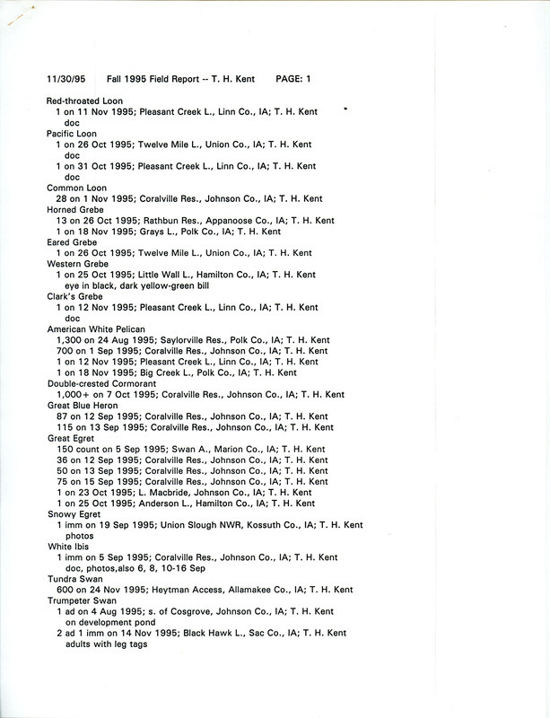 List of birds and locations contributed by Thomas H. Kent. This item was used as supporting documentation for the Iowa Ornithologists' Union Quarterly field report of fall 1995.