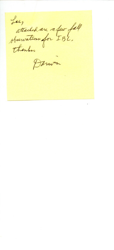 Field notes contributed by Darwin Koenig in a letter to Lee A. Schoenewe. The letter includes a brief note regarding his fall bird observations for Iowa Bird Life. This item was used as supporting documentation for the Iowa Ornithologists' Union Quarterly field report of fall 1995.