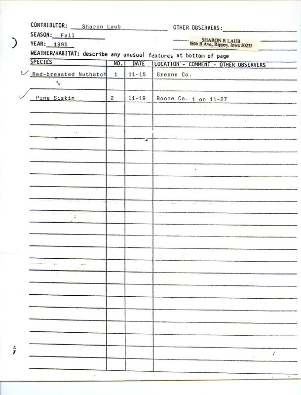 List of birds and locations contributed by Sharon Laub. This item was used as supporting documentation for the Iowa Ornithologists' Union Quarterly field report of fall 1995.