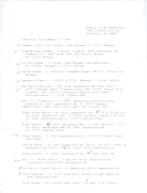 List of birds and locations contributed by Babs Padelford and Loren Padelford. This item was used as supporting documentation for the Iowa Ornithologists' Union Quarterly field report of fall 1995.