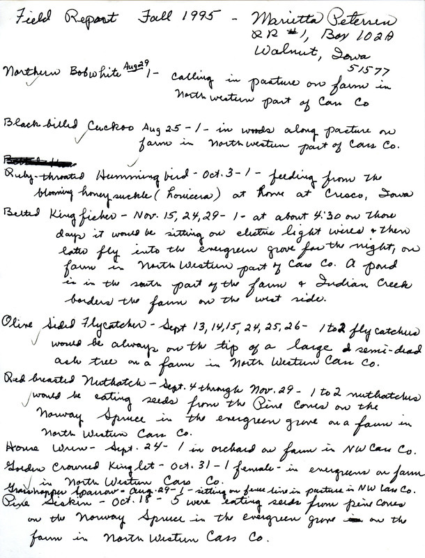 List of birds and locations contributed by Marietta Petersen. This item was used as supporting documentation for the Iowa Ornithologists' Union Quarterly field report of fall 1995.