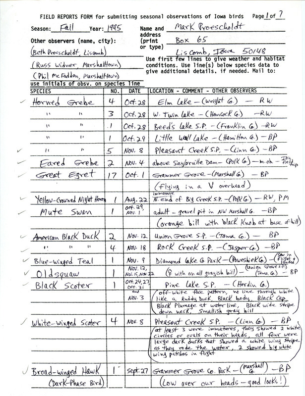 List of birds and locations contributed by Mark Proescholdt with observers Beth Proescholdt, Russ Widner and Phil McFadden. This item was used as supporting documentation for the Iowa Ornithologists' Union Quarterly field report of fall 1995.