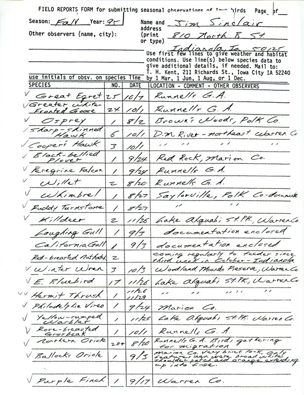 List of birds and locations contributed by Jim Sinclair. This item was used as supporting documentation for the Iowa Ornithologists' Union Quarterly field report of fall 1995.