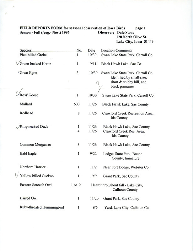 List of birds and locations contributed by Dale Stone. This item was used as supporting documentation for the Iowa Ornithologists' Union Quarterly field report of fall 1995.